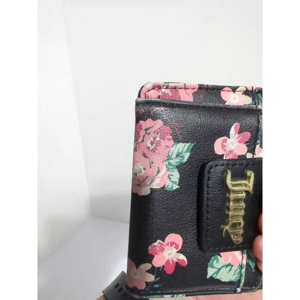 JUICY COUTURE Black Pink Flower Zipper Snap Wallet Card Case Small
